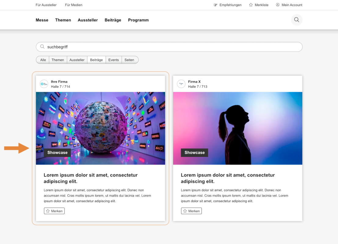Eine Webseite zeigt zwei Ereigniskarten. Die linke Karte, hervorgehoben durch einen orangefarbenen Pfeil, zeigt einen bunten Globus, umgeben von digitalen Bildschirmen. Die rechte Karte zeigt die Silhouette einer Person vor einem lebendigen, abstrakten Hintergrund.